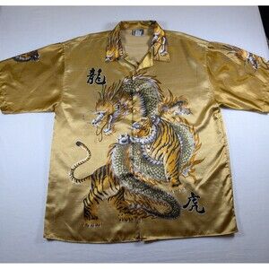 Trust Shirt Men XXXL Gold Button Down Y2K Vintage Tiger Dragon Traditional Rare